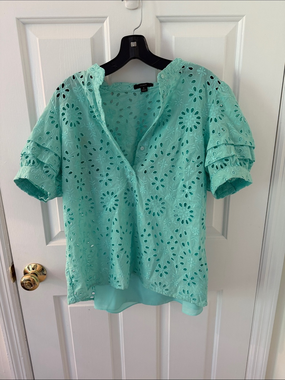 J. Crew Mint Green Eyelet Ruffle Sleeve Blouse